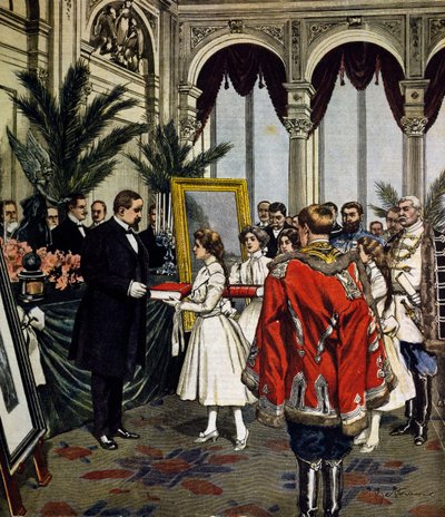 Årsdagen för författaren till Quo Vadis?, presentation av gåvor till Sinkievicz i Warszawa, illustration av Achille Beltrame, La Domenica del Corriere, nr 3, 20 januari av Achille Beltrame