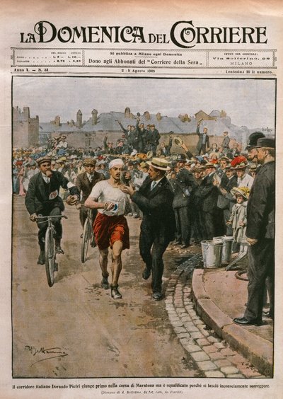 Ankomst av Dorando Pietri (1885-1942) i maraton, OS i London, illustration av Achille Beltrame från La Domenica del Corriere, 2-9 augusti av Achille Beltrame