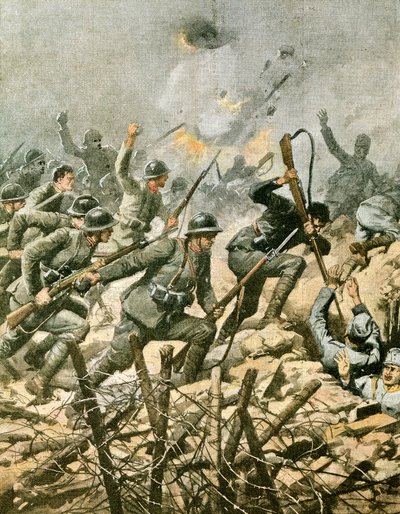 Assault on Mount Ortigara, av Achille Beltrame (1871-1945), illustration från La Domenica del Corriere av Achille Beltrame