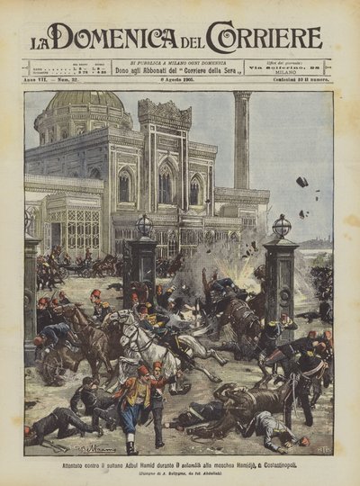 Attack på Sultan Abdul Hamid under selamlik vid Hamidie-moskén i Konstantinopel av Achille Beltrame