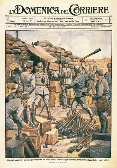 Österrikiska barbarer förbereder sig för offensiven på Nedre Isonzo, illustration från La Domenica del Corriere, 23 juli av Achille Beltrame