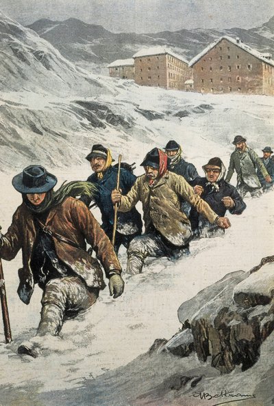 BELTRAME, Achilles (1871-1945). Italienska arbetare som korsar St. Bernard-passet mellan Aosta och Schweiz. Omslag till "" La Domenica del Corriere"". 1904-02-14. Litografi. av Achille Beltrame