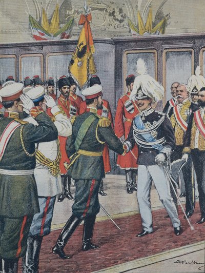 BELTRAME, Achilles (1871-1945). Victor Emmanuel III (1869-1947). kung av Italien (1900-1946); Nikolaus II. Tsar av Ryssland (1894-1917). RYSSLAND. Tsaren tar emot kung Victoria Emmanuel III av Italien i Peterhof. A. Beltrame illustration. Domenica av C av Achille Beltrame
