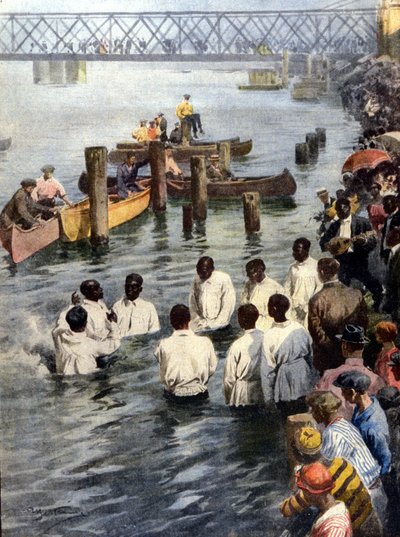 Dopceremoni i Cedar River i Iowa (USA) av svarta medlemmar av Church of God-sekten. Ill. av A. Beltrame. La Domenica del Corriere av Achille Beltrame