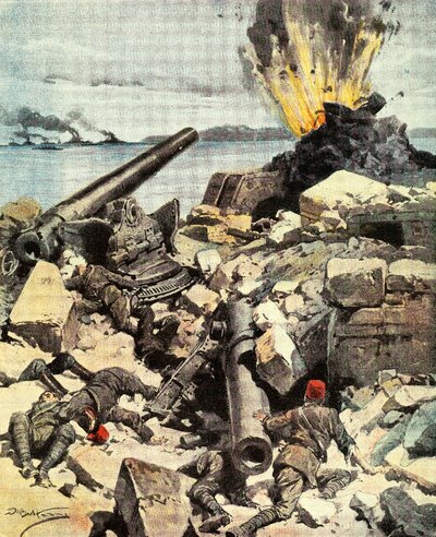 Slaget vid Dardanelles, anglo-fransk flotta förstör Dardanelles fort för att bryta sundet och anlända till Konstantinopel, av Achille Beltrame (1871-1945), illustration från La Domenica del Corriere, 14-21 mars av Achille Beltrame