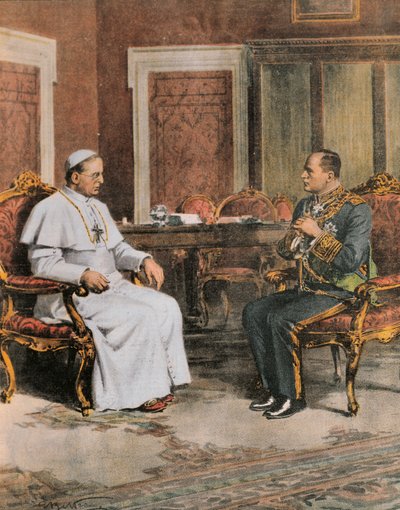 Benito Mussolini i möte med påven Pius XI den 11 februari av Achille Beltrame