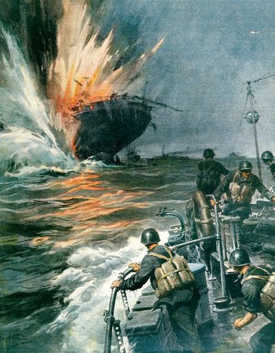 Brittiskt handelsfartyg sänkt av italienska MAS i Medelhavet, 3 augusti av Achille Beltrame