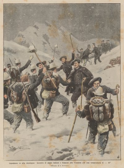 Nyårsafton i de höga bergen, möte mellan italienska och franska alpina trupper vid gränsen med en temperatur på -16 ° av Achille Beltrame