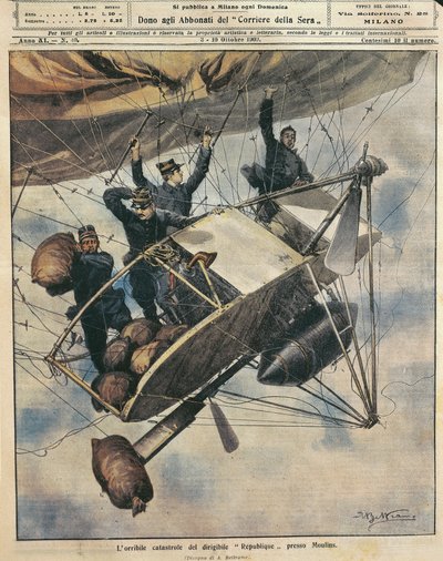 Katastrof för luftskeppet Republique nära Moulins, Frankrike, illustration av Achille Beltrame från La Domenica del Corriere, 3-10 oktober av Achille Beltrame