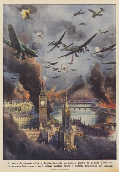 Centrala London under den germanska bombningen (Colour Litho) av Achille Beltrame