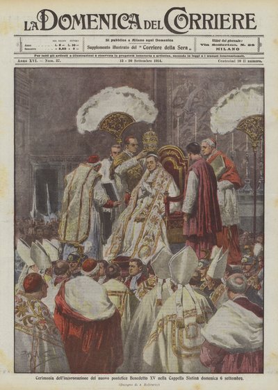 Ceremoni för kröningen av den nye påven Benedikt XV i Sixtinska kapellet söndagen den 6 september av Achille Beltrame