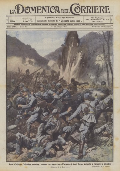 Hur bryts den österrikiska offensiven, kolumner som går till attacken mot Coni Zugna? av Achille Beltrame