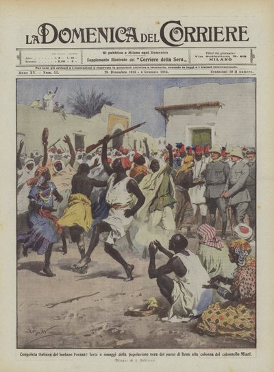 Italiensk erövring av det avlägsna Fezzan, firande och hyllningar av den svarta befolkningen i landet Brak? av Achille Beltrame