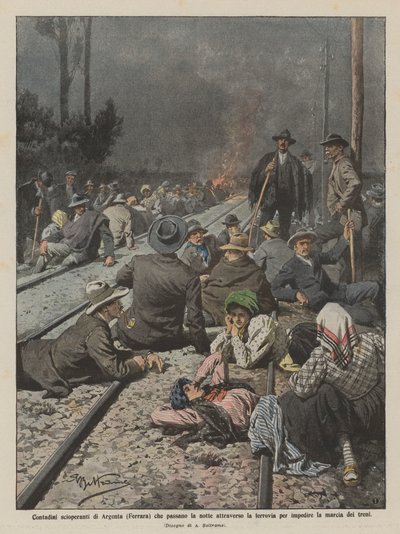 Strejkande bönder från Argenta (Ferrara) som övernattar över järnvägen för? av Achille Beltrame