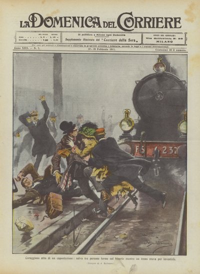 Modig handling av en stationsmästare, han räddar tre personer som står på perrongen när ett tåg var på väg att träffa dem av Achille Beltrame