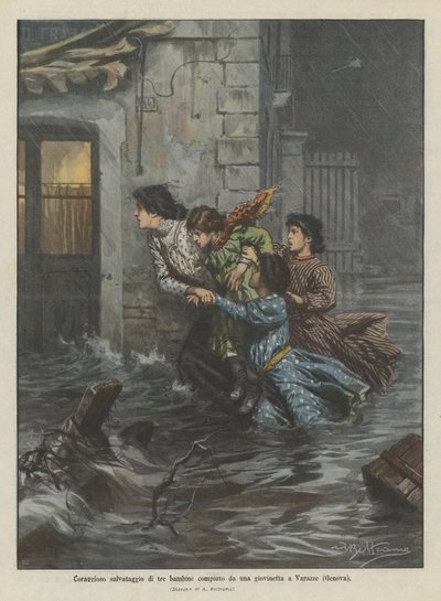 Modig räddning av tre flickor av en ung flicka i Varazze (Genua) av Achille Beltrame