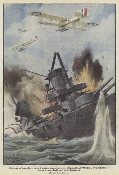 Tvingad att gå på grund efter den senaste sammandrabbningen vid Dardanellerna, bombas Goeben? av Achille Beltrame