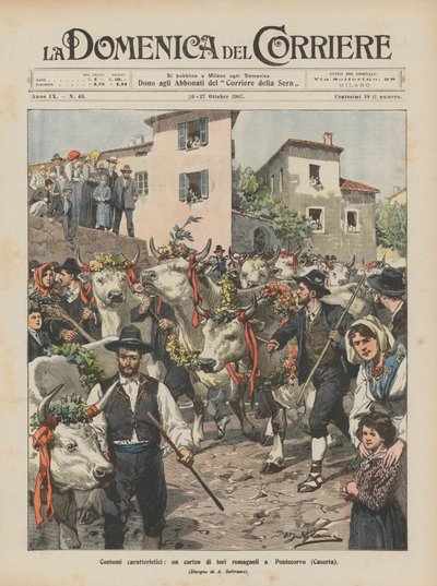 Karakteristiska kostymer, en procession av Romagna-tjurar i Pontecorvo (Caserta) av Achille Beltrame