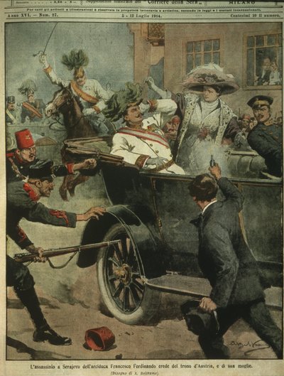Omslagsillustration av mordet på ärkehertig Franz Ferdinand av Österrike, arvtagare till den österrikisk-ungerska tronen, Sarajevo av Achille Beltrame