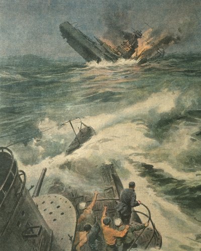 Omslagsillustration av det amerikanska slagskeppet i Maryland-klassen som sänktes av den italienska ubåten Barbarigo i Atlanten under andra världskriget av Achille Beltrame