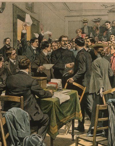 Omslagsillustration av Maxim Gorkys ankomst till ryska revolutionärers möte; London, England av Achille Beltrame