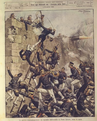Omslagsillustration av belägringen av Port Arthur i Kina under det rysk-japanska kriget 1904-1905 av Achille Beltrame