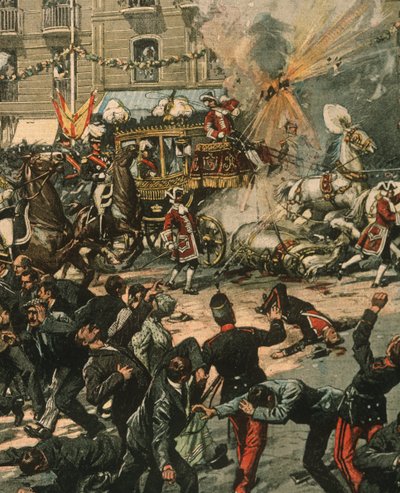 Omslagsillustration av mordförsök på kung Alfonso XIII på hans bröllopsdag, 31 maj 1906, Madrid, Spanien av Achille Beltrame