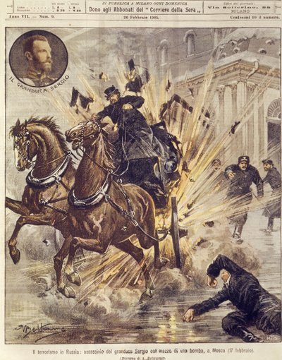 Omslagsillustration av mordet på storhertig Sergej Alexandrovich Romanov av terroristbomb i Moskva, Ryssland av Achille Beltrame