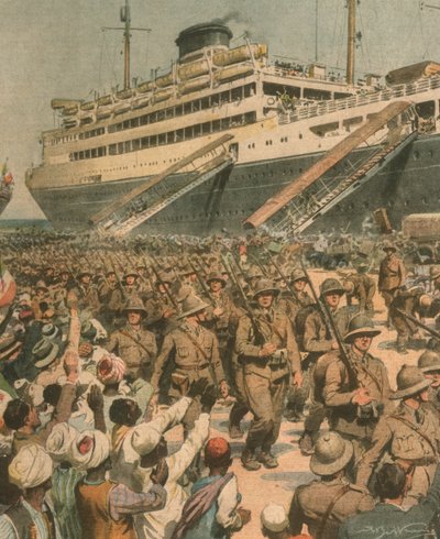Omslagsillustration av landsättning av italienska trupper i Östafrika av Achille Beltrame
