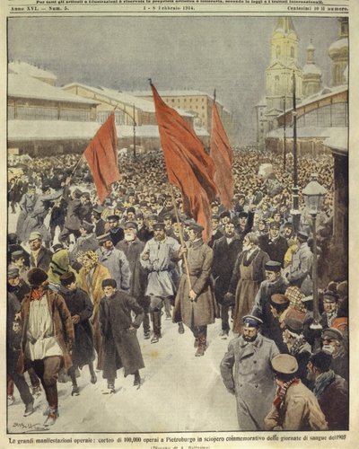 Omslagsillustration av hundra tusen arbetare som marscherar för att fira den blodiga söndagen 1905; Sankt Petersburg, Ryssland av Achille Beltrame