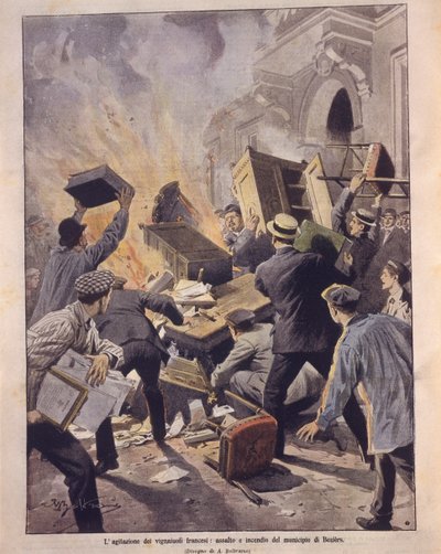 Omslagsillustration av vinmakare som sätter eld på Beziers stadshus under uppror i Frankrike av Achille Beltrame