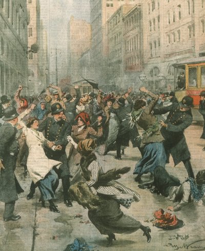 Omslagsillustration av kvinnor som protesterar mot arbetslöshet på gatan; New York, USA av Achille Beltrame