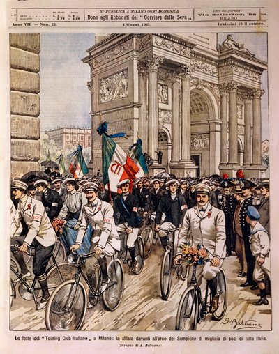 Cyklister som paraderar vid Arch of Peace, italienska Touring Club-firandet i Milano, Italien, illustration av Achille Beltrame från La Domenica del Corriere, 4 juni av Achille Beltrame
