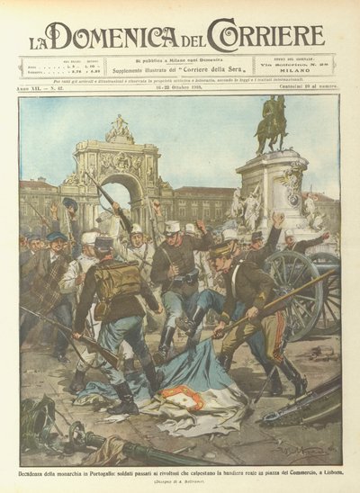 Dekadens av monarkin i Portugal, soldater gick till upprorsmakare som trampade flaggan? av Achille Beltrame