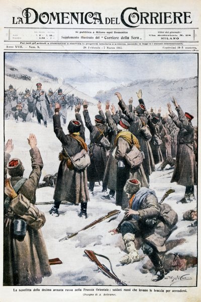 Nederlag för tionde ryska armén i Östpreussen: Ryska soldater höjer sina armar i kapitulation, skylt av Achille Beltrame (1871-1945) från La Domenica del Corriere, 28 februari-7 mars 1915 av Achille Beltrame