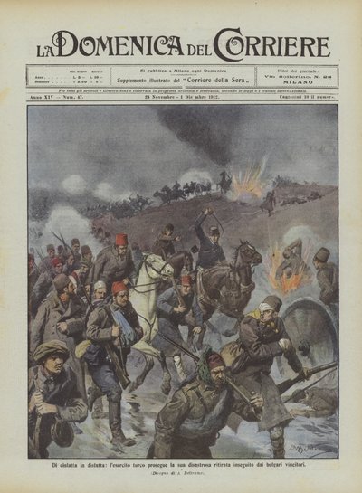 Från nederlag till nederlag fortsätter den turkiska armén sin katastrofala reträtt eftersträvad av de segerrika bulgarerna av Achille Beltrame