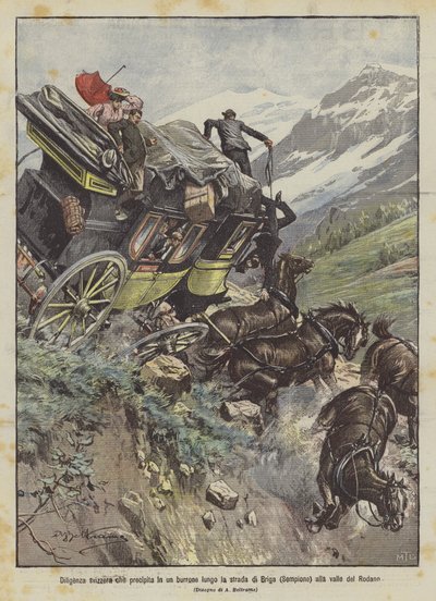 Schweizisk diligens störtar ner i en ravin längs vägen från Brig (Simplon) till Rhônedalen av Achille Beltrame