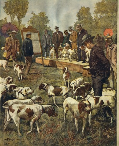 Hundutställning och fältförsök med jakthundar i San Siro (Milano), av Achille Beltrame (1871-1945), från La Domenica del Corriere, 2 juli 1899 av Achille Beltrame