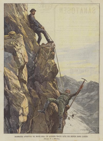 Dramatiskt äventyr på Monte Rosa, en bergsbestigare som hölls i sju timmar upphängd över avgrunden av Achille Beltrame
