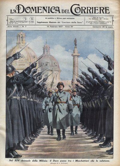 Hertig Benito Mussolini granskar "musketörerna" från Volontärmilisen för nationell säkerhet i Rom. Illustration av Achille Beltrame i "" The Sunday of the Courier "" 14/02/1937. av Achille Beltrame