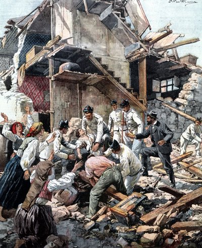 Jordbävning i Reggio (Kalabrien) den 28/12/1908. Soldater letar i spillrorna efter jordbävningens offer. Illustration av Beltrame. av Achille Beltrame