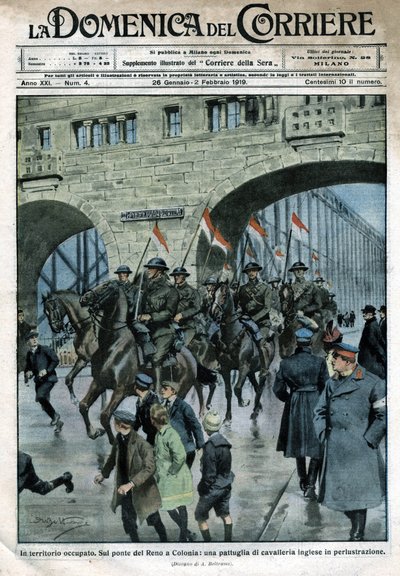 Engelsk närvaro i Tyskland: militära trupper på en Rhenbro i Köln. Illustration av Beltrame. La Domenica del Corriere. 01/1919. av Achille Beltrame