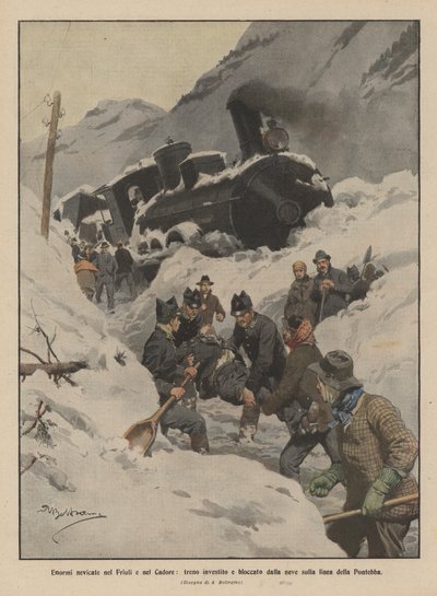 Enorma snöfall i Friuli och Cadore, tåg påkört och blockerat av snön på Pontebba-linjen av Achille Beltrame