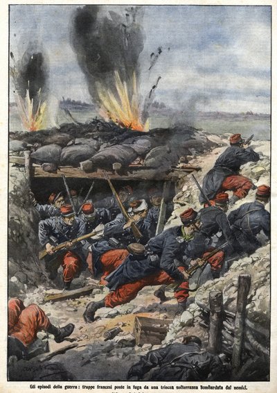 Avsnitt av kriget 1914: Franska trupper i skyttegravarna bombas av fiender. “La Domenica del Corriere” av Achille Beltrame