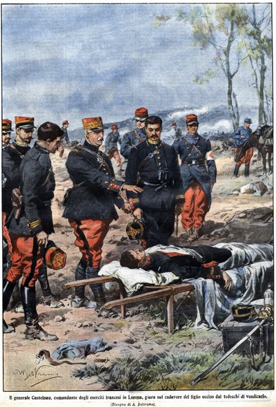 Avsnitt av kriget 1914: General Noel Edouard de Curieres de Castelnau (1851-1944), befälhavare för den franska armén i Lorraine, svär på sin döde sons kropp att hämnas honom. Illustration av Achille Beltrame i "" La Domenica del Corriere"" av Achille Beltrame