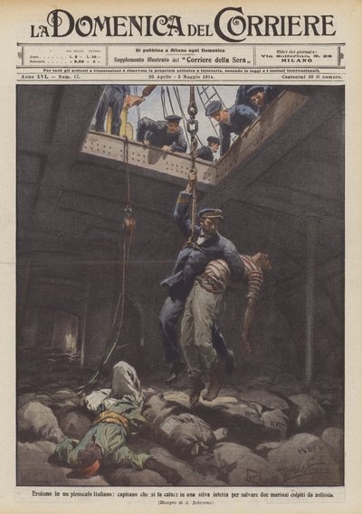Hjältemod i en italiensk ångbåt, en kapten som låter sig sänkas ner i ett infekterat lastrum för att rädda två? av Achille Beltrame