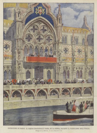 Paris Utställning, Invigningsprocessen passerar, På Seine, Framför Italien Paviljongen av Achille Beltrame