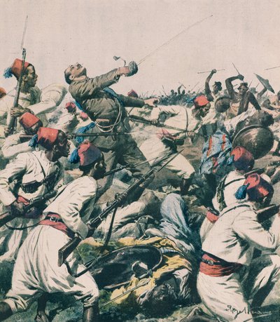 Etiopisk attack mot Lugh garnison och dödande av kapten Bongiovanni, av Achille Beltrame, illustration, Achille Beltrame (1871-1945), från La Domenica del Corriere av Achille Beltrame