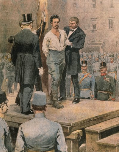 Avrättning av Cesare Battisti i Trento, av Achille Beltrame, illustration, illustratör Achille Beltrame (1871-1945), från La Domenica del Corriere, juli 1916 av Achille Beltrame