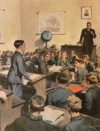Bekämpning av analfabetism, barn i skolan, av Achille Beltrame, illustration, Illustratör Achille Beltrame (1871-1945), från La Domenica del Corriere av Achille Beltrame
